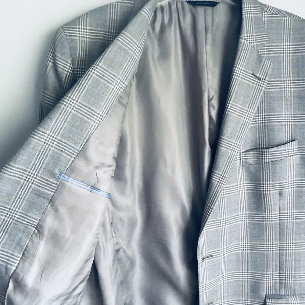 Brooks Brothers Wool Blazer Mens 48R Gray Blue Plaid Fitzgerald Fit Suit Jacket